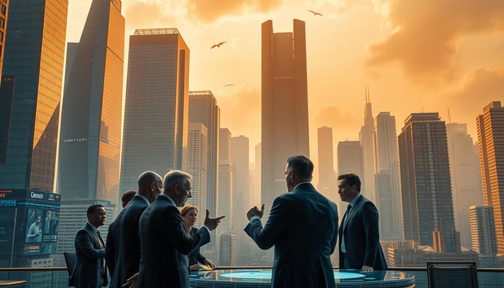 A bustling cityscape with towering skyscrapers, their angular facades gleaming under a golden hue. In the foreground, a group of well-dressed individuals gesticulate animatedly, their expressions intense as they engage in high-stakes negotiations. The middle ground features a sleek, futuristic-looking office space, with holographic displays and cutting-edge technology. In the background, a massive, monolithic structure rises, its silhouette casting a long shadow over the scene - a symbol of the immense power and influence wielded by the venture capitalists and tech titans who shape the AI industry. The overall atmosphere is one of tension, ambition, and the relentless pursuit of innovation and wealth.