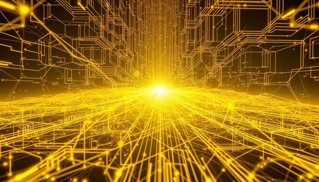 A complex cybernetic diagram unfolds in a spectrum of vibrant yellow hues, illuminating the intricate evolution of intelligent malware. Sleek, geometrical shapes intertwine, forming a futuristic, high-tech landscape. Intricate lines and networks pulsate with an algorithmic rhythm, hinting at the self-learning nature of these sophisticated digital threats. The image radiates a sense of technological prowess and ominous potential, capturing the essence of the emerging AI-driven cyber security challenges. Crisp, high-resolution details and a clean, sharp aesthetic convey the cutting-edge, avant-garde nature of this rapidly evolving digital menace.