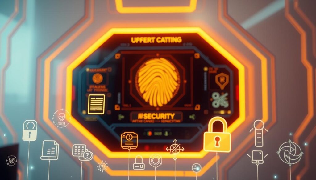 A high-tech security panel displays a futuristic interface, with biometric authentication methods like iris scanning and fingerprint recognition. The panel is bathed in a warm, yellow-hued glow, conveying a sense of advanced technology and cybersecurity. In the foreground, various security icons and symbols hover, depicting measures to prevent identity fraud, such as document verification, facial recognition, and encrypted data transfer. The background features a sleek, minimalist design with clean lines and holographic elements, creating an immersive, futuristic atmosphere.