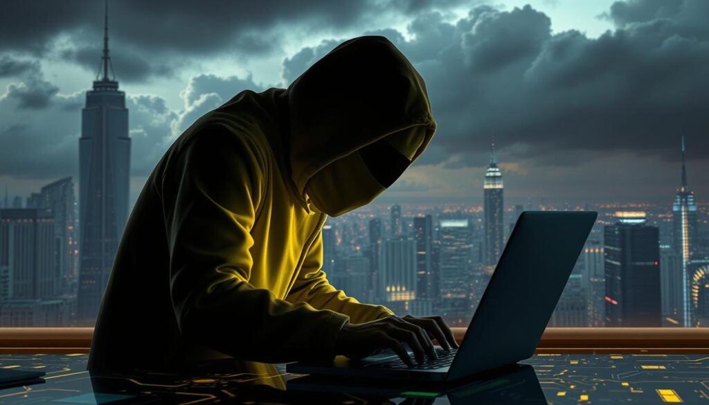 A shadowy figure hunched over a laptop, their features obscured by an eerie yellow glow. In the background, a cityscape of towering skyscrapers and ominous clouds, hinting at the scale and sophistication of AI-powered phishing attacks. Sleek, futuristic technology permeates the scene, with holographic displays and intricate circuitry visible. The overall atmosphere is one of unease and foreboding, capturing the growing threat of AI-driven cybercrime.