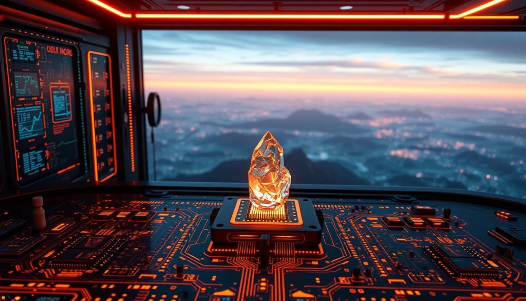 A sleek, futuristic digital control system for a quantum computer, bathed in an orange glow. In the foreground, an intricate array of glowing circuits and modules, meticulously engineered to harness the power of quantum mechanics. The middle ground features a crystalline structure, the core of the Majorana 1 chip, pulsing with energy. In the background, a vast expanse of digital landscapes, hinting at the boundless possibilities of quantum computing. The scene conveys a sense of technological sophistication and the awe-inspiring potential of this revolutionary advancement.