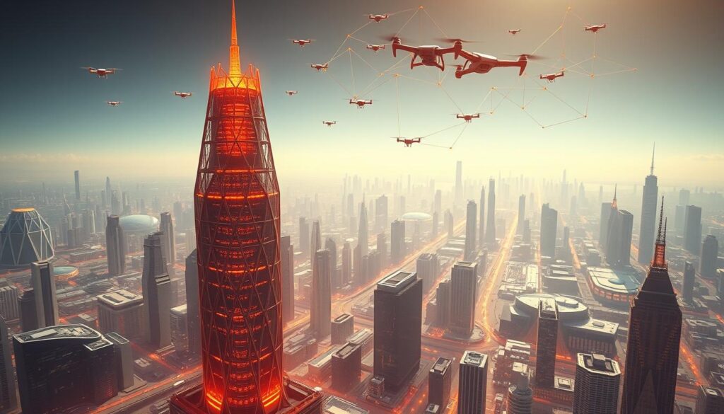 A sprawling cityscape of gleaming skyscrapers and sleek, angular structures bathed in an ethereal orange glow. In the foreground, a towering quantum computing data center, its intricate lattice of cryogenic chambers and quantum processors pulsing with an otherworldly energy. Hovering above, a fleet of autonomous drones and holograms mapping the complex flow of data and information, a symphony of technological innovation. In the background, a horizon of cutting-edge R&D facilities, research labs, and industrial complexes, all working in concert to harness the power of quantum physics for a new era of technological breakthroughs. The scene radiates a sense of futuristic progress and boundless potential, a glimpse into the quantum-powered world of tomorrow.