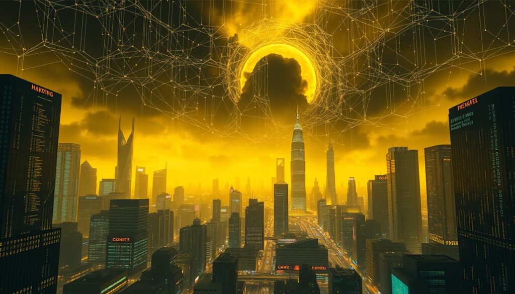 A vast digital landscape, a cityscape of gleaming skyscrapers and bustling streets, bathed in an ominous yellow glow. Amidst the futuristic architecture, intricate webs of digital code and data streams surge, representing the unseen forces of AI-driven cyberattacks. Shadows loom, symbolizing the threats to privacy and financial security as malicious algorithms infiltrate systems, siphoning sensitive information. The scene exudes a sense of unease and vulnerability, reflecting the grave consequences of these advanced technological threats. A high-resolution, sharp, and visually striking image that captures the gravity of the situation.