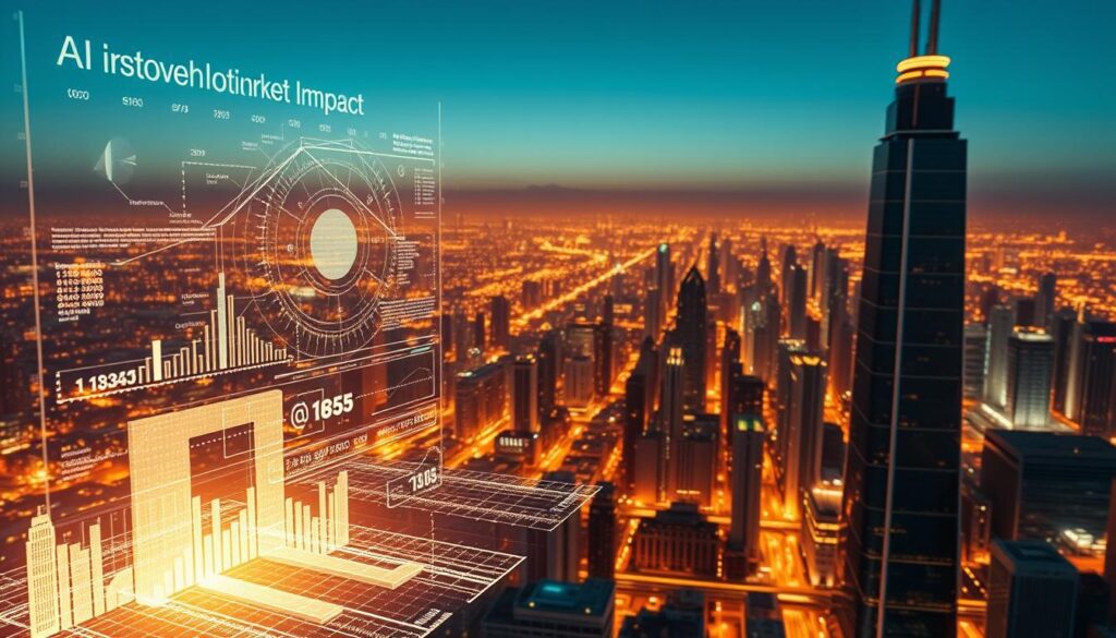 A vast, futuristic cityscape of gleaming towers and sleek, high-tech structures stretches out across the horizon, bathed in a warm, golden glow. In the foreground, a dynamic, holographic display showcases intricate data visualizations and algorithms, representing the rapid advancements and market impact of AI innovation. The scene is crisp, clean, and highly detailed, conveying a sense of progress, growth, and the transformative power of artificial intelligence.