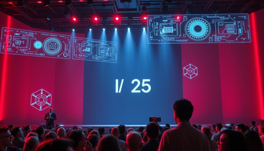 A captivating keynote presentation at Google I/O 2025, showcasing the latest AI innovations. A sleek, futuristic stage with a stunning red hue illuminating the scene. Holographic displays dance across the backdrop, showcasing cutting-edge AI technologies. In the foreground, a team of esteemed researchers and engineers present their groundbreaking advancements, their faces lit by the glow of the stage. The audience is captivated, their expressions a mix of awe and anticipation. The high-resolution image conveys a sense of the future, where AI is the driving force behind Google's technological breakthroughs.