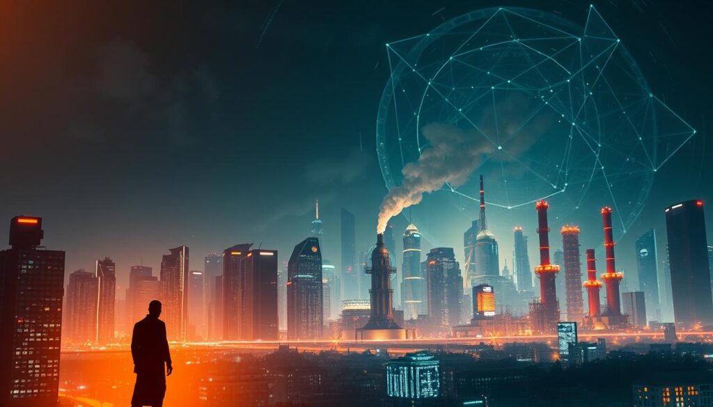 A futuristic cityscape at night, illuminated by an orange-hued glow. In the foreground, a faceless figure representing disruptive technology stands tall, casting a long shadow. In the middle ground, skyscrapers and factories gradually morph and reshape, adapting to new innovations. The background is a swirling maelstrom of data, code, and energy, symbolizing the rapid transformation sweeping through this industry. The scene evokes a sense of power, change, and the relentless march of progress.