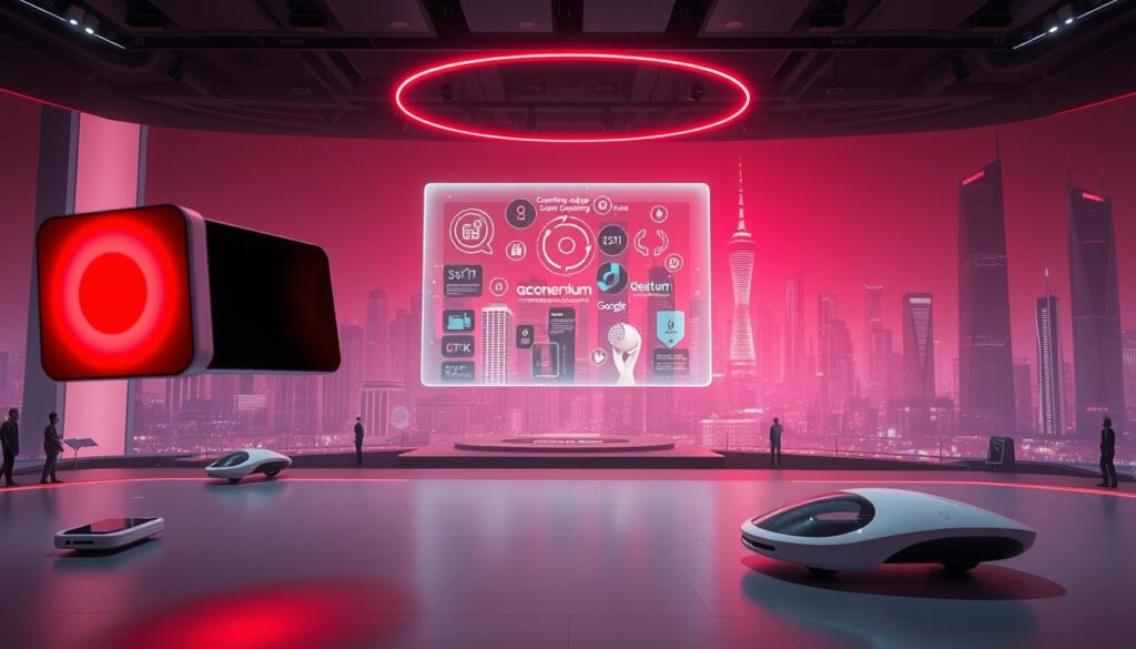 A panoramic vista showcasing the evolution of emerging technologies at Google I/O. In the foreground, sleek and minimalist AI-powered devices hover and float, emanating a soft red glow. The middle ground features a holographic display showcasing cutting-edge innovations, from quantum computing to advanced robotics. In the background, a futuristic cityscape with towering skyscrapers and hover-cars illuminated by a vibrant red hue, conveying a sense of technological progress and innovation. The entire scene is captured in high resolution, with a clean, sharp, and futuristic aesthetic that reflects the transformative vision of Google I/O.