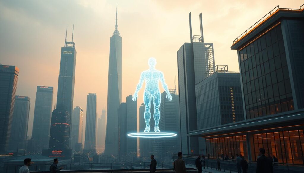 A sleek, futuristic cityscape bathed in an ethereal orange glow. Towering skyscrapers and sleek, minimalist architecture stand in sharp contrast, hinting at the advanced technological prowess of this cyber-infused landscape. In the foreground, a holographic projection of an AI assistant hovers, its ghostly form emanating a sense of omniscience and connectivity. The city's inhabitants are seamlessly integrated with this intelligent system, their lives enhanced by the power of artificial intelligence. The scene conveys a sense of awe and wonder at the transformative potential of AI, showcasing its profound impact on the fabric of everyday life.