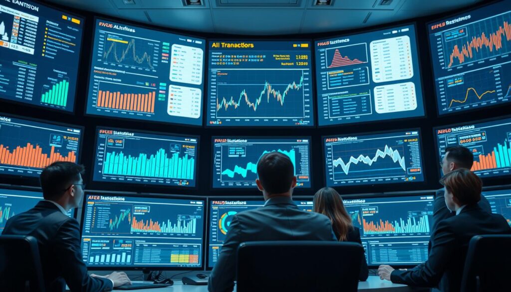 AI analyzing financial data and detecting fraud patterns on multiple screens AI analyzing financial data and detecting fraud patterns on multiple screens
