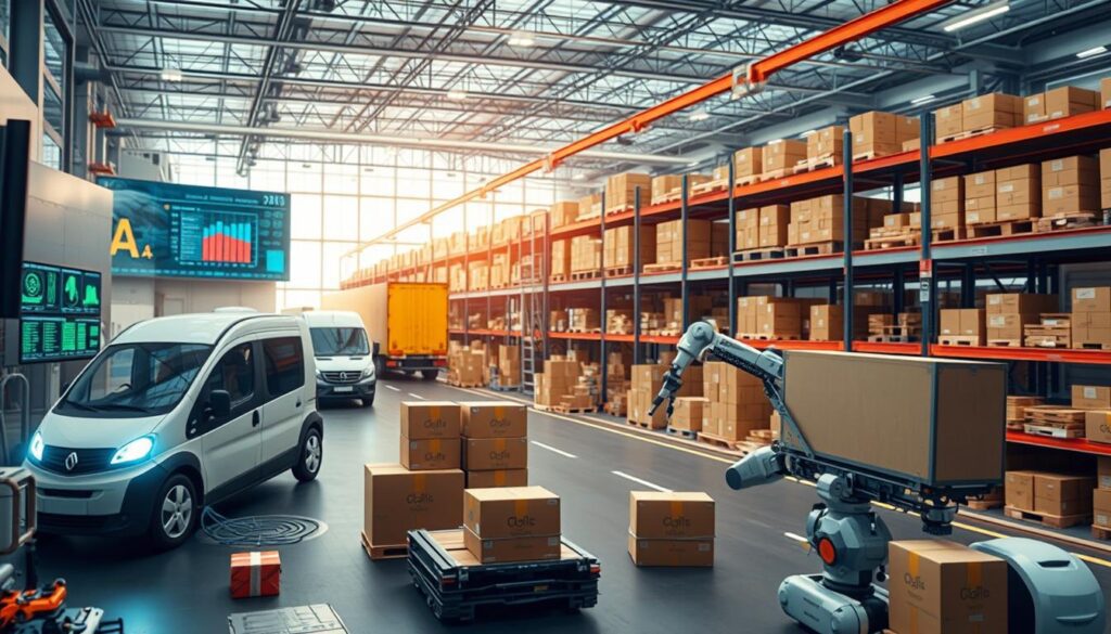 AI-optimized logistics network with autonomous vehicles and warehouse robots AI-optimized logistics network with autonomous vehicles and warehouse robots