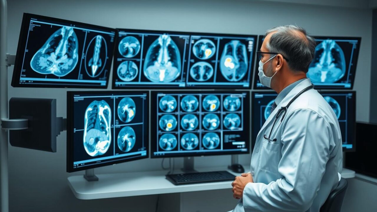 AI-powered medical diagnosis showing a doctor reviewing AI analysis of medical scans