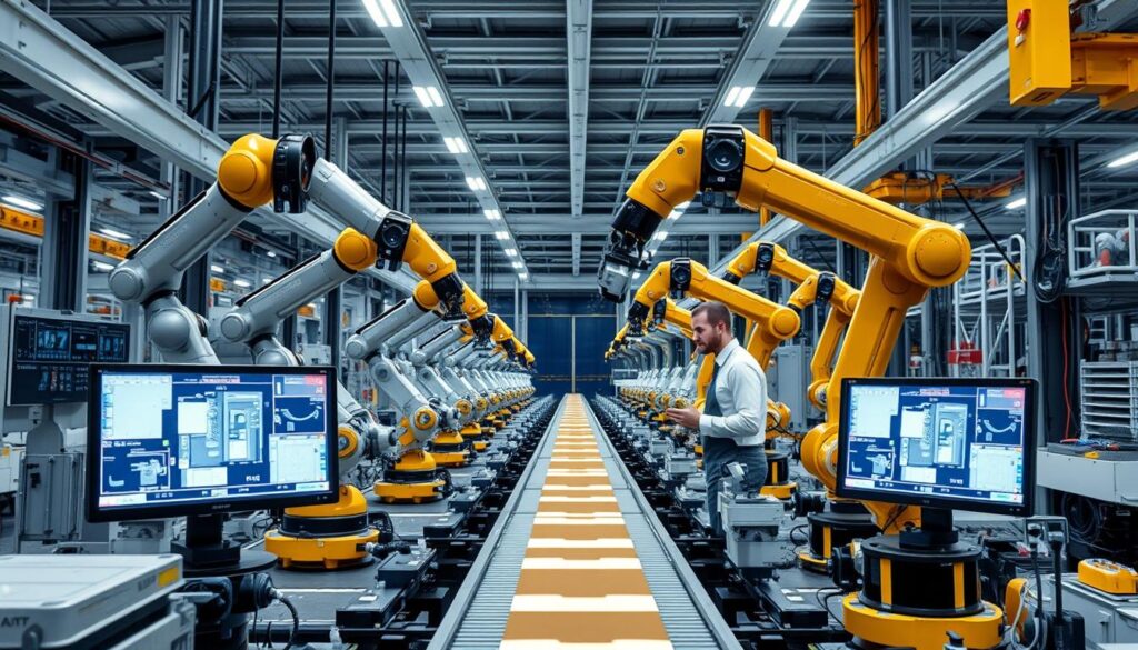 AI-powered robotic arms working on a manufacturing assembly line with quality control systems AI-powered robotic arms working on a manufacturing assembly line with quality control systems