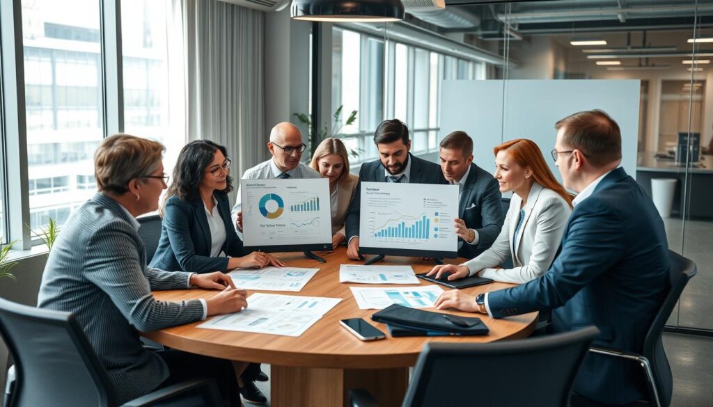 Business professionals discussing AI implementation strategy in a modern office setting Business professionals discussing AI implementation strategy in a modern office setting