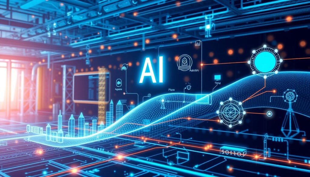 Futuristic visualization of AI integration across multiple industries with emerging technologies Futuristic visualization of AI integration across multiple industries with emerging technologies
