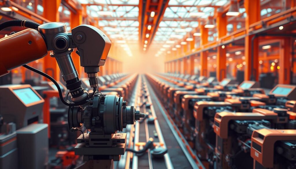 a highly detailed, high resolution, futuristic image of a modern automated manufacturing facility with a vibrant orange hue. The foreground depicts a sleek, robotic arm meticulously assembling a complex mechanical component. In the middle ground, rows of state-of-the-art, autonomous machines work in perfect synchronization, their movements precisely choreographed. The background showcases a vast, open-concept manufacturing floor bathed in a warm, glowing light, reflecting the advanced technology and digital transformation at work. The overall scene conveys a sense of efficiency, innovation and the seamless integration of automation into the modern industrial landscape.