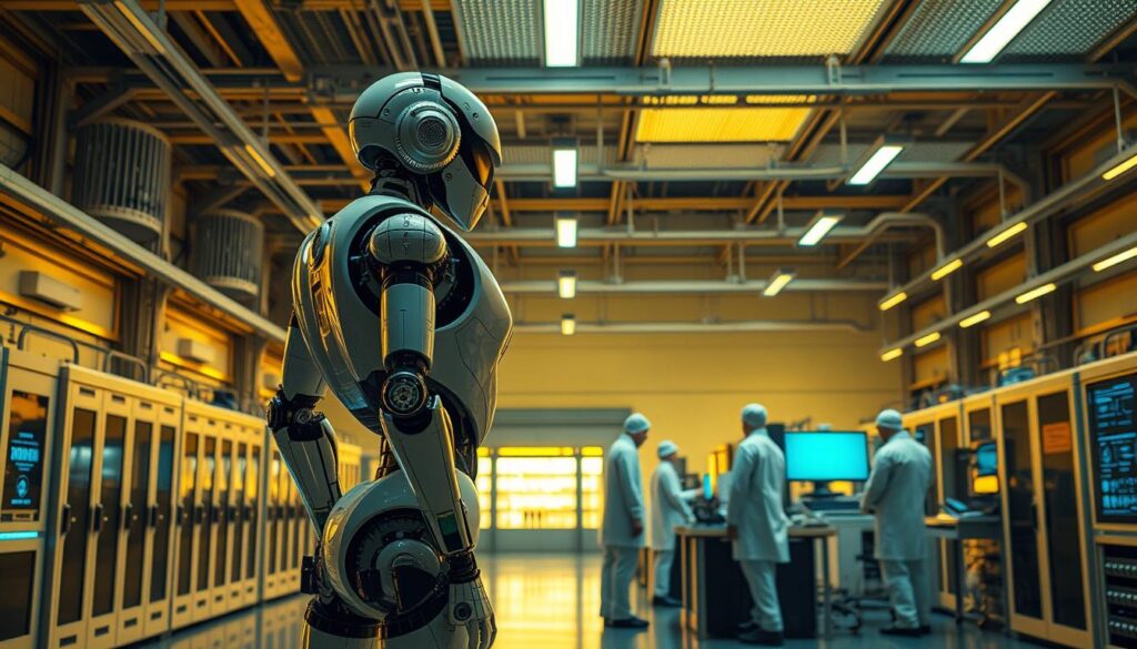 A cutting-edge robotics lab, filled with sleek and futuristic machines. In the foreground, a humanoid robot stands tall, its advanced servo motors and sensors gleaming under the warm, yellow-tinted lighting. In the middle ground, a team of scientists and engineers in clean-room suits monitor the robot's performance on holographic displays. The background reveals a vast, high-ceilinged space with banks of supercomputers and 3D printing stations, all working in harmony to push the boundaries of AI-powered robotics. The scene exudes a sense of technological wonder and the promise of a future where AI breakthroughs transform the world.