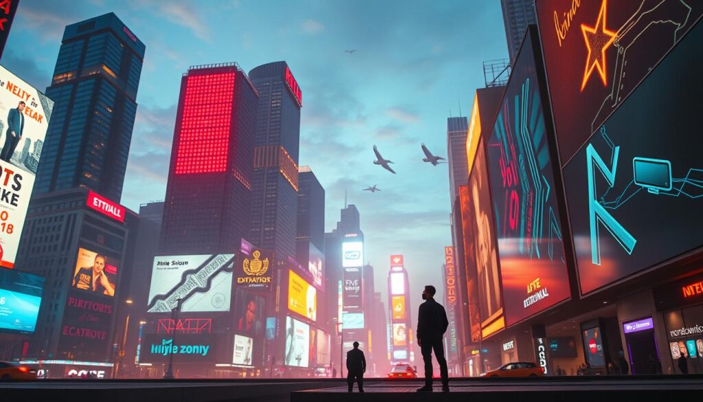 A dynamic cityscape at dusk, with towering skyscrapers and neon-infused billboards. Holographic advertisements shimmer and morph, their digital forms seamlessly blending with the physical landscape. In the foreground, a lone figure stands transfixed, watching as AI-driven advertisements transform the urban canvas, hinting at a new era of marketing that is both captivating and disruptive. The scene is bathed in an otherworldly orange glow, conveying a sense of technological innovation and the inexorable march of progress. High-resolution, futuristic, and meticulously detailed, this image captures the seismic shift in the advertising industry, as artificial intelligence redefines the boundaries of what is possible.