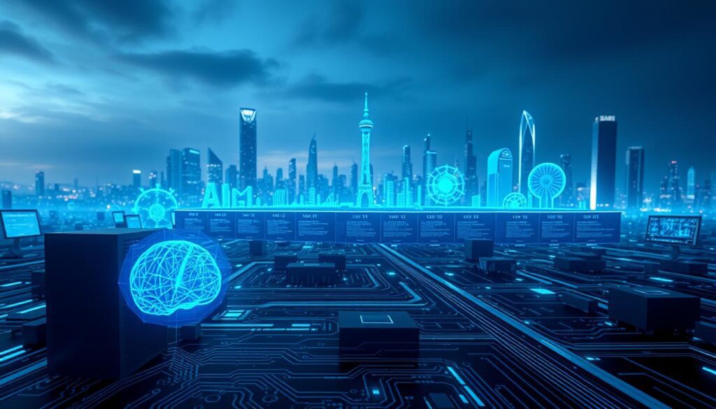 A futuristic, high-resolution scene depicting key milestones in the history of artificial intelligence. In the foreground, cutting-edge AI systems and neural networks glowing with a vibrant blue hue. In the middle ground, a timeline of AI breakthroughs and innovations, from the earliest computing machines to the latest advancements in machine learning and natural language processing. The background showcases a sleek, modernistic cityscape, hinting at the integration of AI into the fabric of our daily lives. The overall atmosphere conveys a sense of progress, innovation, and the boundless potential of this transformative technology.