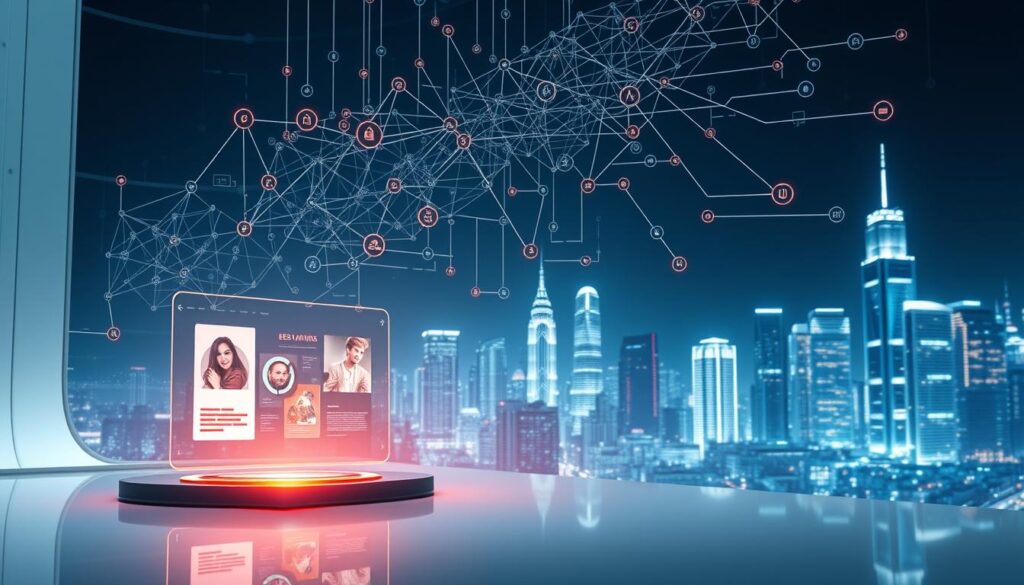 A futuristic scene of automated ad creation powered by natural language processing. In the foreground, a sleek, minimalist workspace with a holographic display showcasing dynamic ad designs. In the middle ground, an array of interconnected algorithms and data flows, pulsing with an orange hue. In the background, a cityscape of gleaming skyscrapers, hinting at the scale and impact of this transformative technology. Crisp, high-resolution details and a sense of cutting-edge innovation permeate the entire scene, capturing the essence of the "Automated Ad Creation Revolutionising Creative Processes".