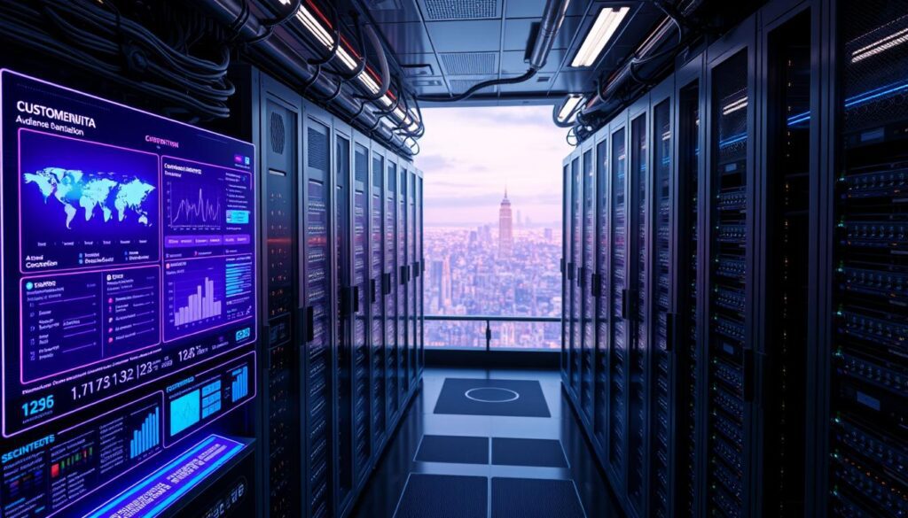 A gleaming, high-tech data center filled with servers, cables, and intricate information displays. In the foreground, a futuristic data visualization interface showcases customer insights and audience segmentation, its holographic screens and interactive controls bathed in a captivating purple hue. The middle ground features a panoramic view of the data processing infrastructure, with sleek racks of computing hardware and a network of glowing, interconnected nodes. In the background, a vast, futuristic cityscape stretches out, hinting at the scale and scope of the customer data platform's capabilities. The scene exudes a sense of power, innovation, and the cutting edge of marketing technology.