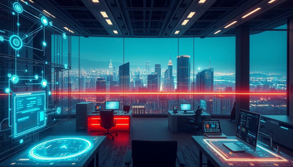 A highly advanced AI system oversees a complex network of interconnected components, orchestrating their seamless collaboration. In the foreground, glowing holographic interfaces display real-time data and performance metrics. The middle ground features a sleek, minimalist control center with ergonomic workstations and large, high-resolution displays. The background showcases a futuristic cityscape bathed in a soft, verdant glow, hinting at the broader implications of this AI orchestration workflow. The scene exudes a sense of precision, power, and forward-thinking innovation, capturing the essence of a strategic AI generalist orchestrating a cutting-edge technological ecosystem.