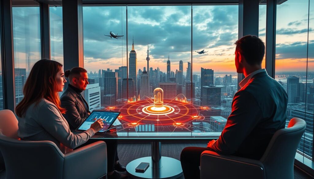 A modern office setting with sleek, minimalist furniture and large windows overlooking a bustling city skyline. In the foreground, a team of data analysts intently study holographic displays of advertising campaign analytics, their faces bathed in an orange glow. In the middle ground, a central hub of interconnected data streams and AI-powered algorithms visualizes insights in real-time. The background is a panoramic view of the city, with skyscrapers and flying vehicles, conveying a sense of technological advancement and the integration of AI into the advertising industry.