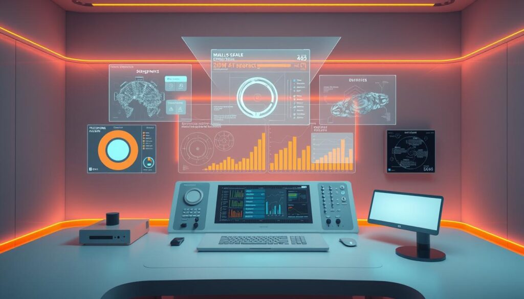 A sleek, minimalist workspace with a central control panel displays intricate schematics and data visualizations. Holographic projections hover above, showcasing the comparative efficiencies of various small-scale AI units. The scene is bathed in a warm, futuristic orange glow, highlighting the precision and high-tech nature of the setup. Crisp lines, smooth surfaces, and a clean aesthetic convey a sense of advanced, streamlined technology. The overall atmosphere is one of sophisticated, data-driven analysis, reflecting the theme of understanding the inefficiencies of traditional large teams.
