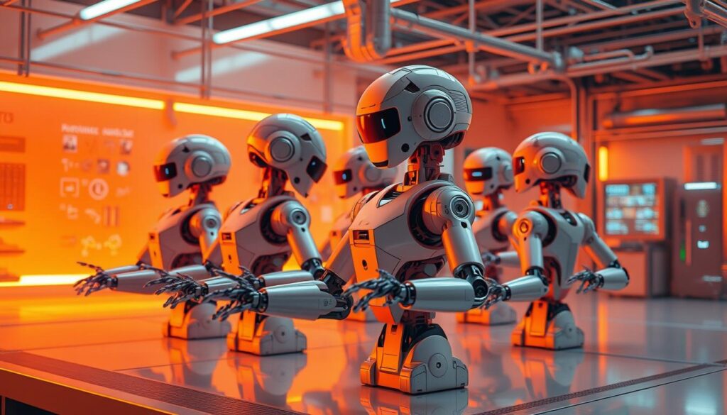 A sleek, modernistic workspace with a compact team of AI-driven robotic entities effortlessly collaborating in a harmonious symphony. Intricate mechanisms and gleaming metallic forms intertwine, creating a dynamic and efficient choreography. The vibrant orange hue casts an ethereal glow, imbuing the scene with a sense of technological sophistication and futuristic allure. High-resolution details and a sharp, clean aesthetic captivate the viewer, showcasing the transformative power of AI in driving a new era of compact, agile workforce evolution.
