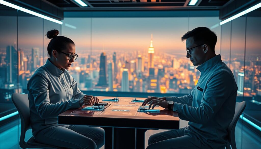 A small team of AI-powered individuals collaborating in a sleek, futuristic workspace. In the foreground, three individuals in minimalist uniforms work intently on holographic displays, their expressions focused and determined. The middle ground reveals a central table with various tools and devices, while the background showcases a panoramic view of a gleaming cityscape bathed in an orange hue, hinting at the advanced technology powering this micro team. The lighting is crisp and directional, casting dramatic shadows and highlighting the high-tech atmosphere. The overall scene conveys a sense of innovation, efficiency, and the seamless integration of AI into modern organizational structures.