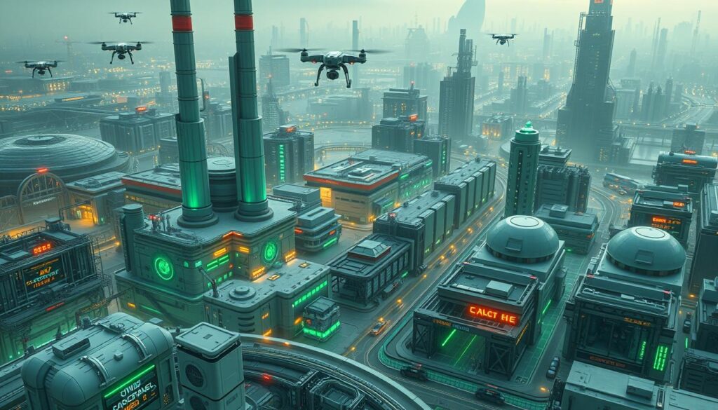A sprawling futuristic cityscape with towering automated factories, advanced robotic assembly lines, and gleaming high-tech facilities. Hovering drones and autonomous vehicles navigating the bustling urban landscape. Vibrant green hues cast an ethereal glow, evoking a sense of technological progress and efficiency. The scene conveys the rapid pace of automation sweeping through the core industries, foreshadowing a dramatic shift in the job market. Crisp, high-resolution details and a sleek, minimalist aesthetic capture the clean, cutting-edge nature of machine learning-driven automation.