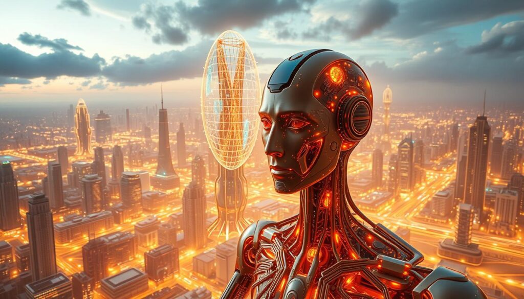 A sweeping, futuristic landscape of advanced technology in the year 2030. In the foreground, a gleaming, sentient AI system, its circuits and processors pulsing with an otherworldly energy. In the middle ground, towering holographic displays showcase dazzling visualizations of cutting-edge algorithms and breakthroughs in machine learning. The background is a panorama of skyscrapers and infrastructure, bathed in a warm, golden glow that illuminates the sheer scale and scope of humanity's technological transformation. The scene exudes a sense of awe and wonder at the profound capabilities of artificial intelligence, setting the stage for a future beyond imagination.