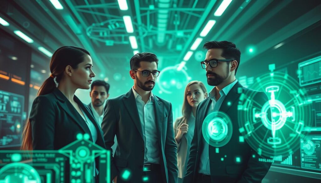A team of cognitive automation architects, dressed in sleek, futuristic attire, stand amidst a gleaming, high-tech workplace. Holograms and digital interfaces surround them, projecting intricate schematics and data visualizations. The architects, faces alight with determination, collaborate intently, orchestrating the integration of advanced AI tools and systems. The scene is bathed in a subtle green hue, conveying a sense of technological innovation and progress. The image is crisp, high-resolution, and exudes a visionary, forward-thinking atmosphere.