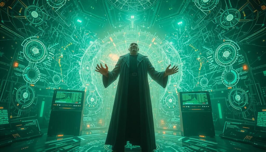 A towering figure, an AI generalist, stands amidst a sprawling, holographic command center. Intricate webs of data streams and glowing interfaces envelop the scene, creating an aura of technological mastery. The generalist's hands move with precision, orchestrating the harmonious interplay of multiple AI systems, each a cog in the grand machine. Bathed in a verdant glow, the image exudes a sense of futuristic power and strategic control, capturing the essence of a true AI orchestrator.