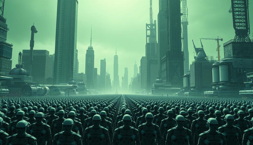 A vast, futuristic cityscape stretches out, bathed in a serene green hue. Towering skyscrapers and gleaming, automated machinery dominate the landscape, symbolizing the impact of AI on the workforce. In the foreground, a sea of faceless figures stand, their movements synchronized and mechanical, representing the mass displacement of human jobs by intelligent automation. The scene conveys a sense of both awe and unease, hinting at the profound societal changes ushered in by the AI revolution. The image is highly detailed, crisp, and evocative, capturing the scale and magnitude of this technological transformation.