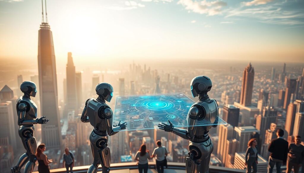 A vast, gleaming cityscape stretches across the horizon, bathed in a warm, golden glow. Amidst the towering, futuristic skyscrapers, lifelike humanoid robots and cyborg-like figures engage in seamless interactions with humans, their movements fluid and precise. In the foreground, a holographic interface hovers, displaying intricate diagrams and data visualizations, reflecting the advanced state of human-AI collaboration. The scene exudes a sense of harmony and progress, hinting at the transformative potential of AI as it becomes increasingly integrated into our daily lives.