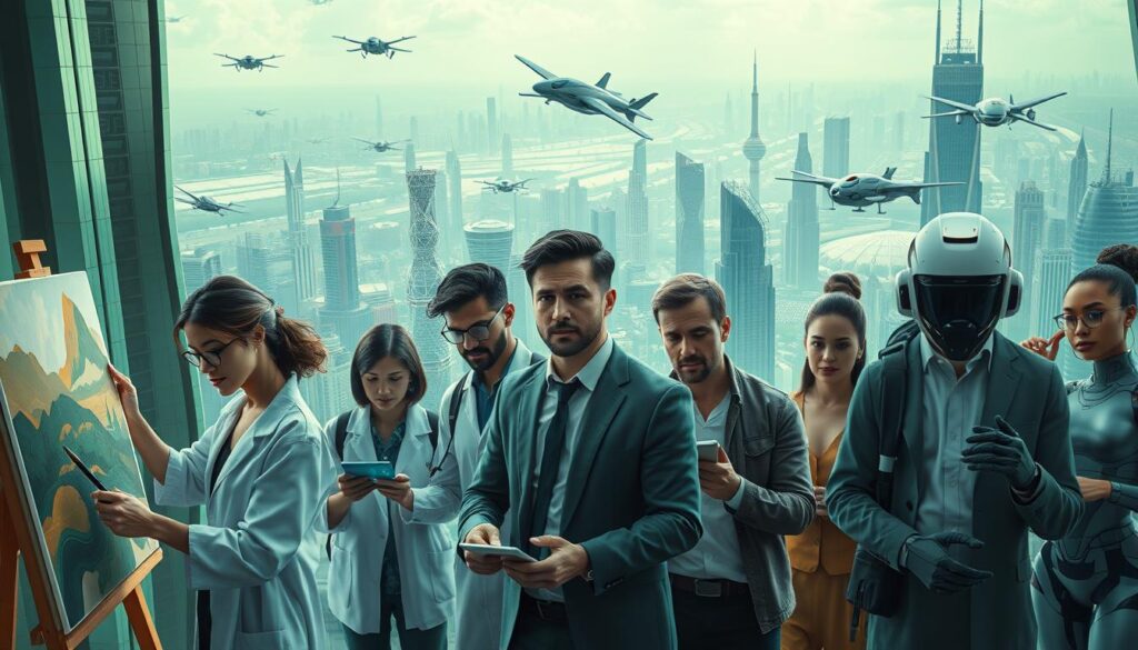 A vibrant cityscape in the future, with sleek high-rises and futuristic architecture bathed in a serene green hue. In the foreground, a group of diverse individuals showcase their unique human skills - a painter artfully brushing strokes on a canvas, a musician playing a futuristic instrument, a scientist working on a holographic display, an entrepreneur pitching an idea, and a teacher guiding students. Their expressions convey passion, creativity, and problem-solving abilities. The middle ground features innovative technology, such as flying cars and advanced robots, coexisting harmoniously with the humans. The background showcases a breathtaking panoramic view of the city, highlighting the symbiotic relationship between human and machine in the future of work. The image radiates a sense of optimism, innovation, and the enduring value of human capabilities in the age of AI.