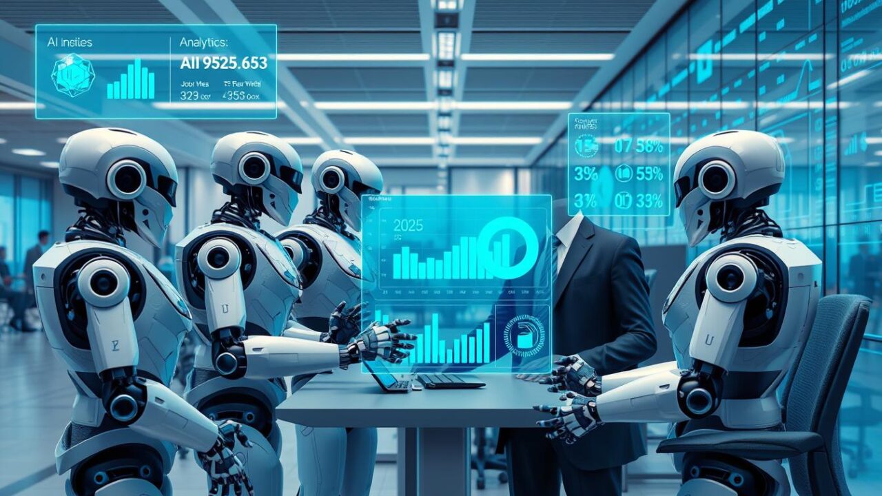 AI impact on job sector 2025 showing robots and humans working together in a modern office environment