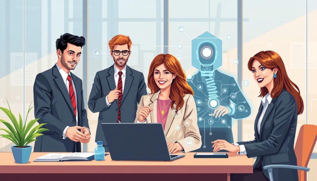 Business professionals collaborating with AI SuperAgents in a modern office environment Business professionals collaborating with AI SuperAgents in a modern office environment