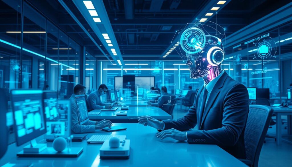 Future vision of AI super agents working alongside humans in business environments Future vision of AI super agents working alongside humans in business environments