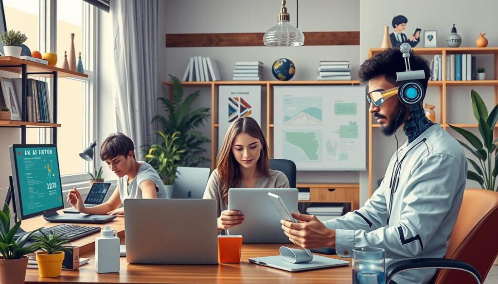 Self-employed workers using AI tools showing AI impact on job sector 2025 for freelancers Self-employed workers using AI tools showing AI impact on job sector 2025 for freelancers