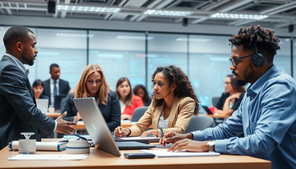 Workers upskilling for AI-driven future showing AI impact on job sector 2025 Workers upskilling for AI-driven future showing AI impact on job sector 2025