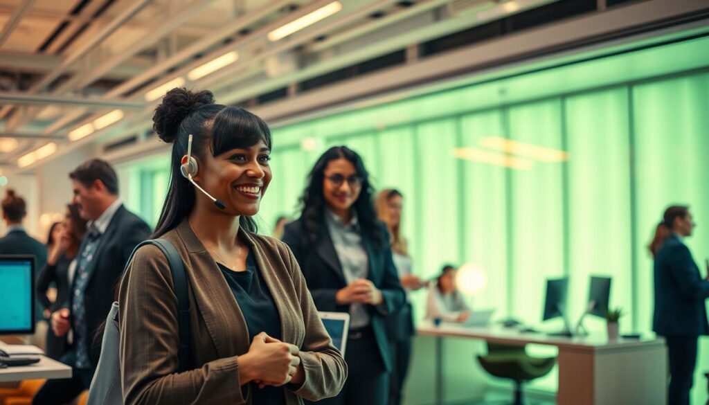 A bustling office space with a warm, inviting atmosphere. In the foreground, a customer service representative greets a client with a genuine smile, their body language conveying empathy and a commitment to understanding their needs. The middle ground features a team of professionals collaborating seamlessly, their expressions radiating trust and camaraderie. The background showcases a futuristic, high-tech environment, with sleek, minimalist design elements bathed in a soothing green hue, suggesting a harmonious integration of technology and human-centric service. The overall scene exudes a sense of professionalism, innovation, and a deep respect for the human connection at the heart of customer service.