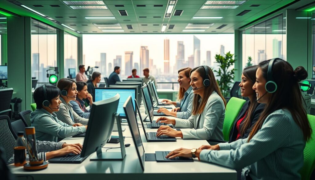 A bustling office space, with sleek, modern furnishings and a vibrant, green-hued ambiance. In the foreground, a team of attentive, customer service representatives engaged in personalized interactions, their expressions warm and welcoming. The middle ground showcases various touchpoints, like computer screens and communication devices, highlighting the seamless integration of technology. In the background, a futuristic skyline, with gleaming skyscrapers and a sense of progress, signifying the forward-thinking nature of this human-centric approach to customer service. The overall scene conveys a high-resolution, sharp, and technologically advanced setting, where the focus is on the individuals, not the machines.