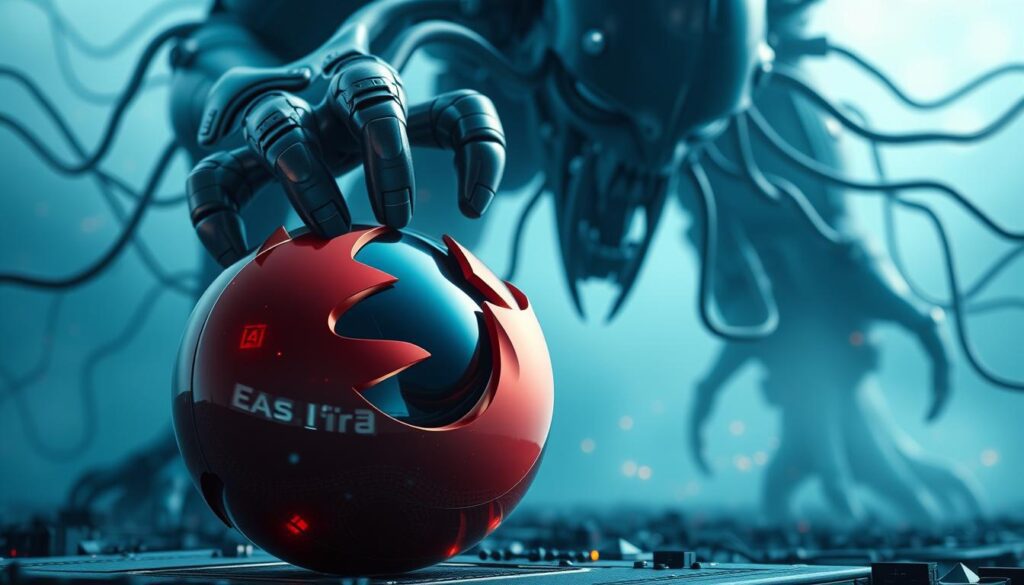 A dramatic battle between a chrome-colored browser icon and an ominous AI overlord, cast in a cool blue hue. The browser icon, once dominant and triumphant, now faces a formidable adversary - a towering, AI-powered entity looming over it, its digital tendrils extending menacingly. The scene conveys a sense of technological upheaval, a shifting power dynamic in the digital landscape. Sleek, futuristic details accentuate the high-stakes clash, hinting at the far-reaching implications of this clash of titans. The image exudes a sense of technological grandeur and the precarious nature of market dominance in the face of rapidly evolving AI capabilities.