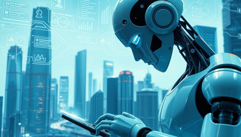 A futuristic cityscape, gleaming with chrome and glass skyscrapers, is bathed in a cool blue hue. In the foreground, a sleek, humanoid robot examines a complex circuit board, its brow furrowed in concentration. Overhead, a network of interconnected data streams and error reports flow like a digital symphony, highlighting the robot's role in monitoring and maintaining the city's AI-driven infrastructure. The scene conveys a sense of technological advancement tempered by the need for vigilant oversight, as the robot's diligence reflects the challenges of ensuring AI accountability in an increasingly automated world.
