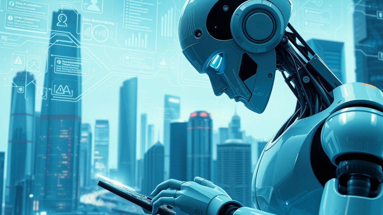 A futuristic cityscape, gleaming with chrome and glass skyscrapers, is bathed in a cool blue hue. In the foreground, a sleek, humanoid robot examines a complex circuit board, its brow furrowed in concentration. Overhead, a network of interconnected data streams and error reports flow like a digital symphony, highlighting the robot's role in monitoring and maintaining the city's AI-driven infrastructure. The scene conveys a sense of technological advancement tempered by the need for vigilant oversight, as the robot's diligence reflects the challenges of ensuring AI accountability in an increasingly automated world.
