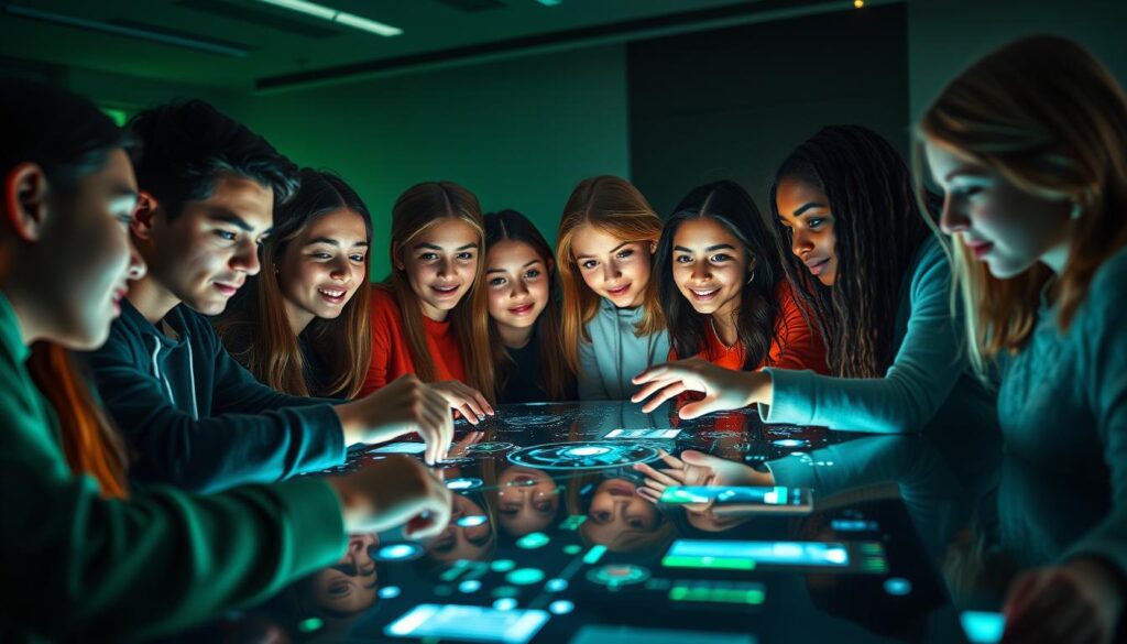 A group of diverse teenagers gathered around a sleek, futuristic holo-table, their faces illuminated by the mesmerizing digital displays. Seamless interfaces and tactile gestures create a symphony of interconnected interactions, as they navigate a realm of limitless possibilities. The scene is bathed in a subtle green hue, lending an air of technological elegance and innovation. High-resolution details capture the focus and wonder in their expressions, reflecting the digital native generation's embrace of AI-powered companionship and exploration. Captured at a dynamic angle, the image exudes a sense of energy and progression, showcasing the new frontier of teenage digital friendships.