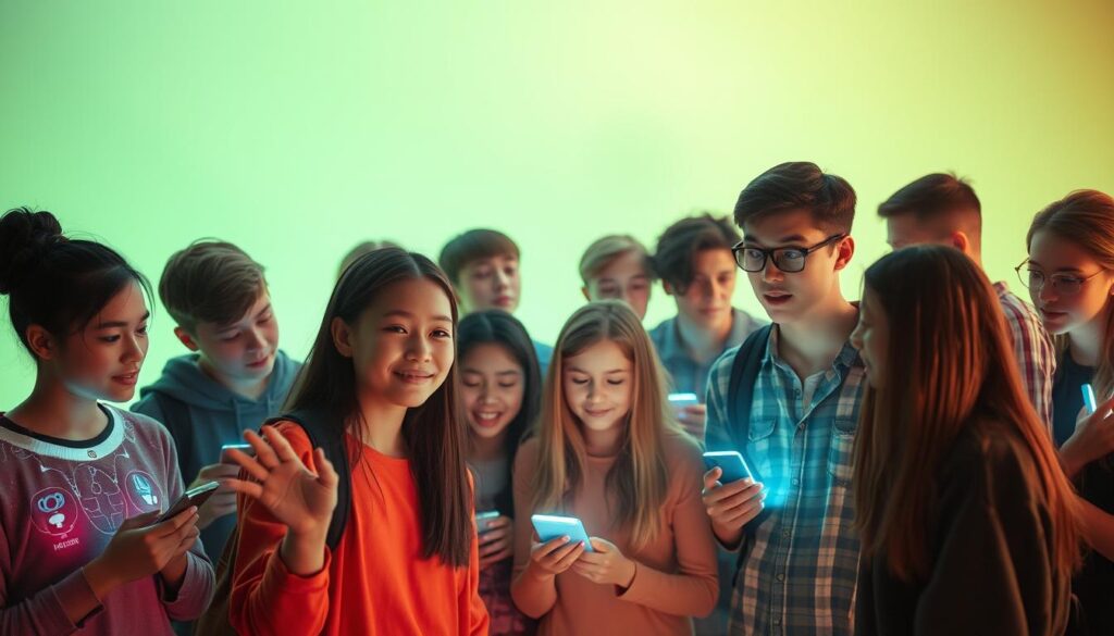A group of teenagers gathered around a digital projection, their faces illuminated by the soft glow of holographic interfaces. In the foreground, a young person gestures animatedly, their digital companion responding with a fluid, lifelike movement. The middle ground showcases a diverse array of teens, each deeply engaged with their own AI-powered devices, creating a vibrant, interconnected scene. The background is shrouded in a subtle green hue, lending a futuristic and technological atmosphere to the image. The overall scene conveys a sense of wonder, exploration, and the seamless integration of technology into the social fabric of modern teenage life.
