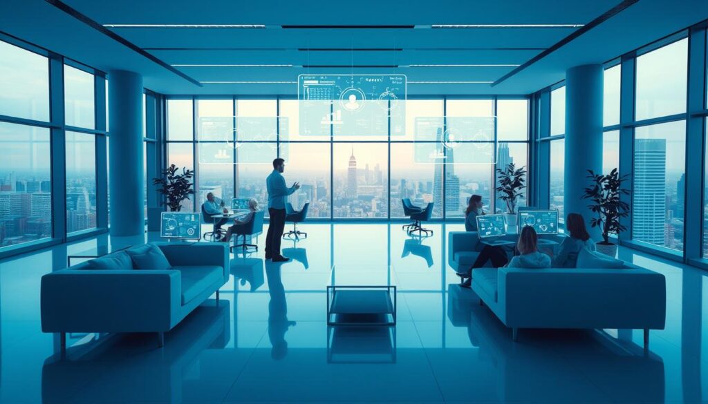 A modern open-plan office space, bathed in a serene blue hue. Humans and AI assistants collaborate seamlessly, their interactions displayed on holographic screens that hover in the air. The sleek, minimalist furniture and clean lines convey a sense of technological sophistication. In the background, large windows offer a panoramic view of a futuristic cityscape. The scene evokes a harmonious partnership between human intelligence and artificial intelligence, working together to shape the workplace of tomorrow.