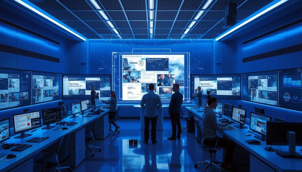 A newsroom of the future, bathed in a serene blue glow. Sleek, minimalist workstations occupied by AI-powered content generation tools, their screens displaying data visualizations and machine-generated articles. In the center, a large holographic display showcases breaking news stories, their narratives woven by intelligent algorithms. Reporters and editors collaborate seamlessly with their digital counterparts, their focus intent as they refine and curate the AI-generated content. The room exudes a sense of technological prowess, a glimpse into the evolving landscape of modern journalism, where human creativity and machine intelligence converge to shape the news of tomorrow.